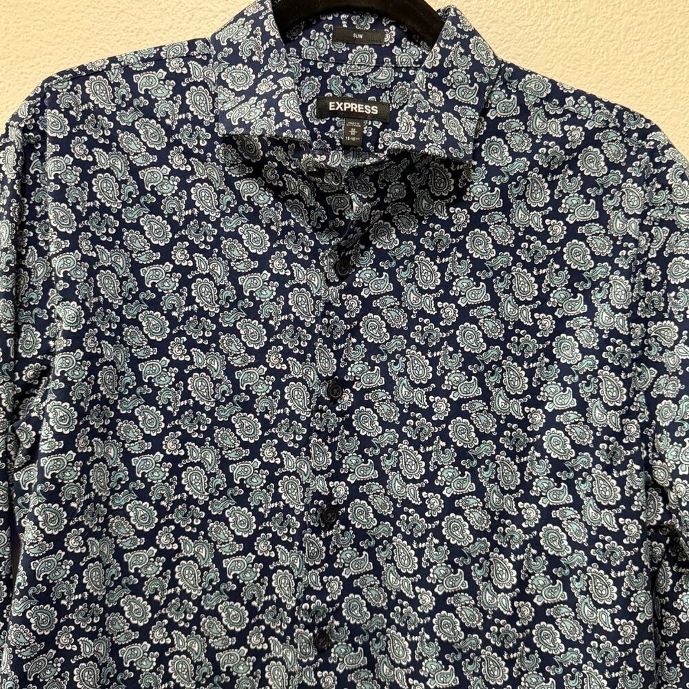 Express men's long sleeve, slim fit, button down, blue paisley print, Med